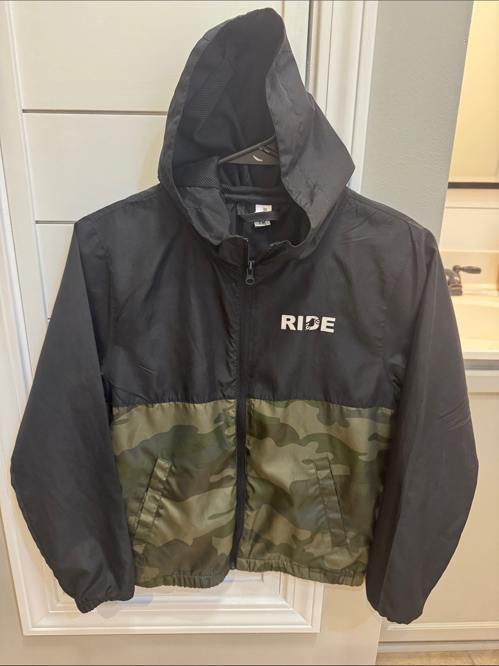 RIDE Black Hooded Windbreaker with Olive Camo Panel
